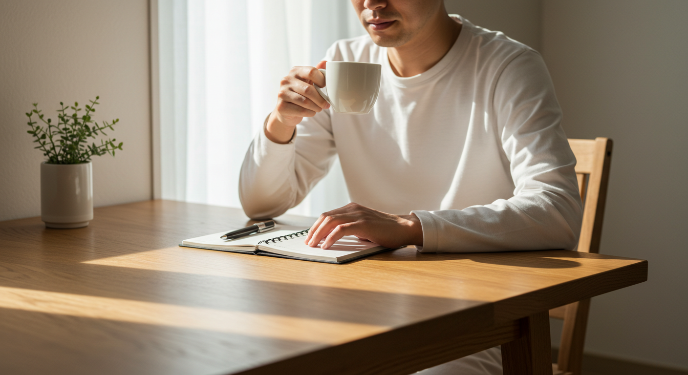 コーヒーを飲みながら手帳に予定を書く男性
