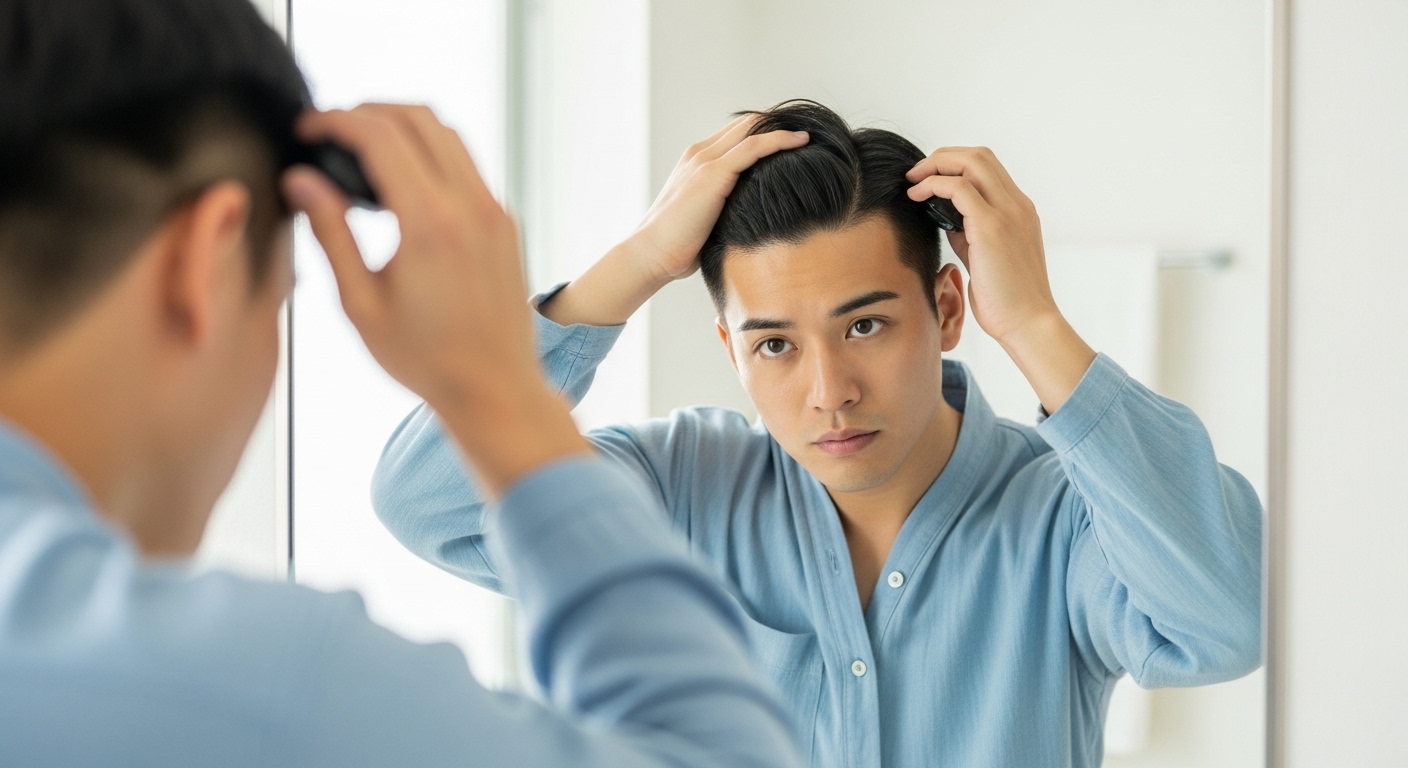 髪を整えている男性の写真