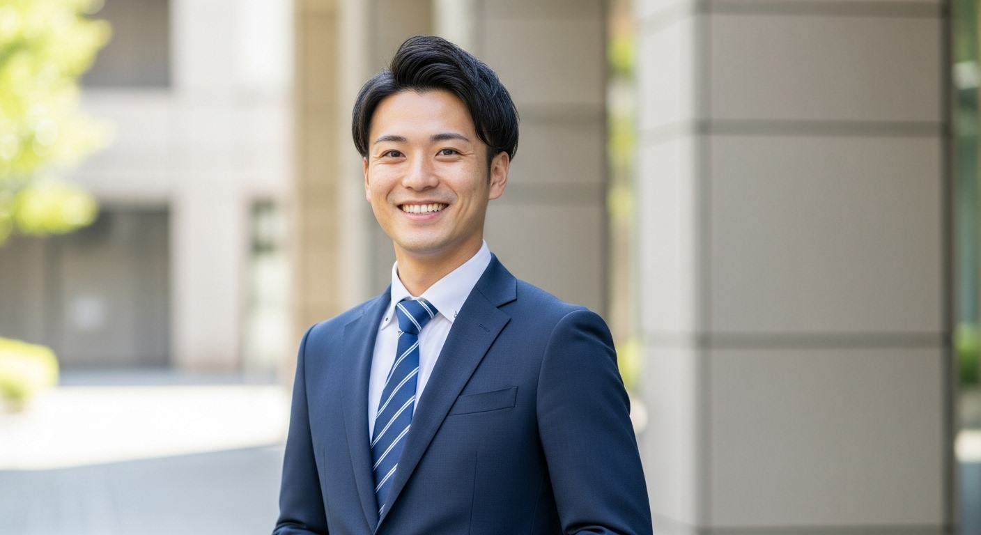 背筋が伸びて笑顔の男性