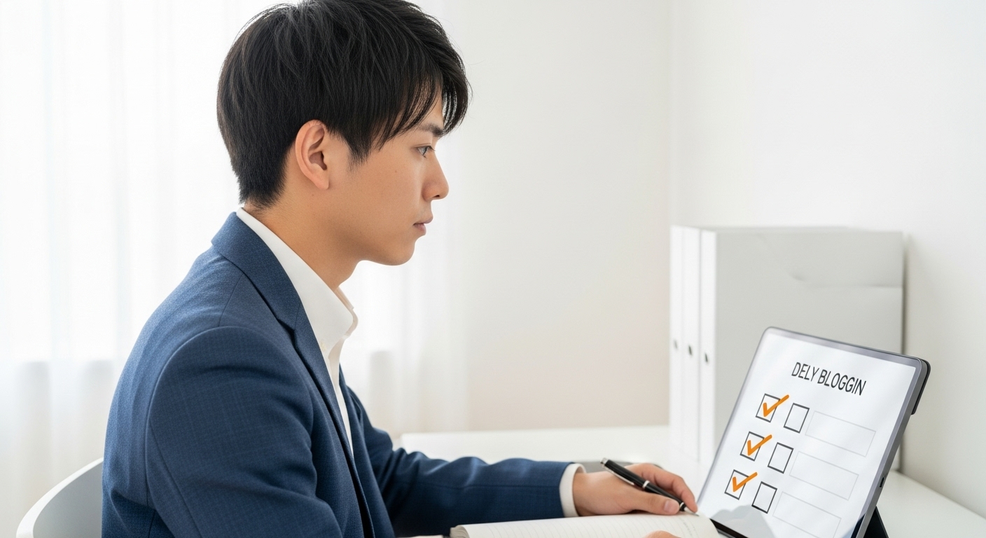 ジャンル選定のチェックリストを確認する男性
