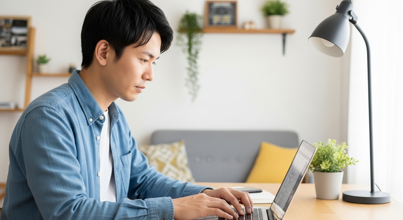 副業ブログを始める若い男性の作業風景