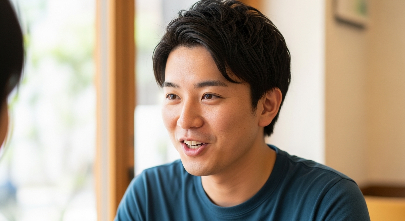 会話中に前向きな表情で話す男性