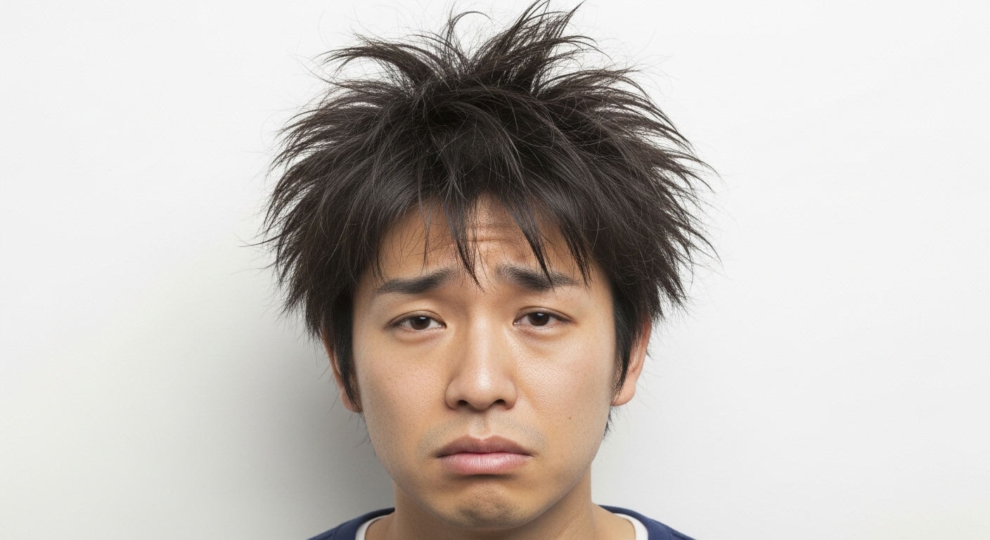 寝ぐせの男性