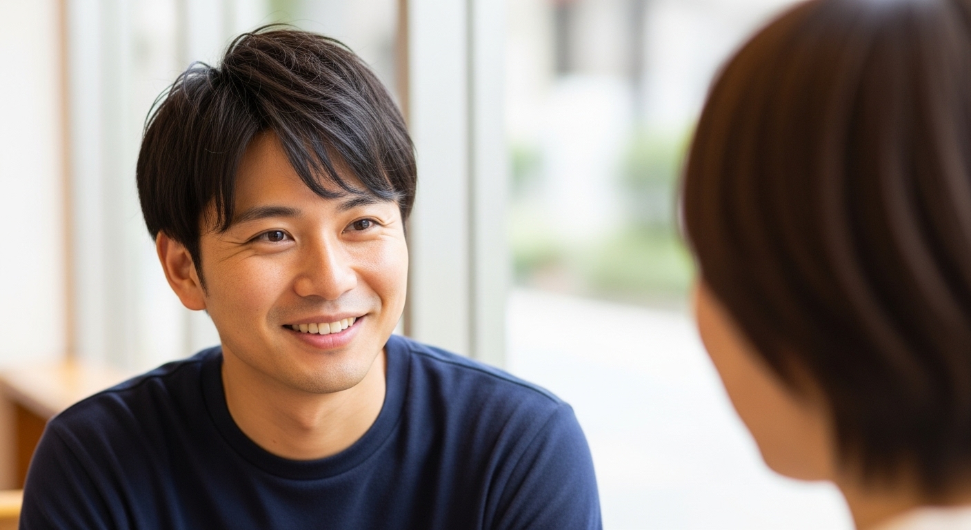 会話中に笑顔でリアクションを取る男性