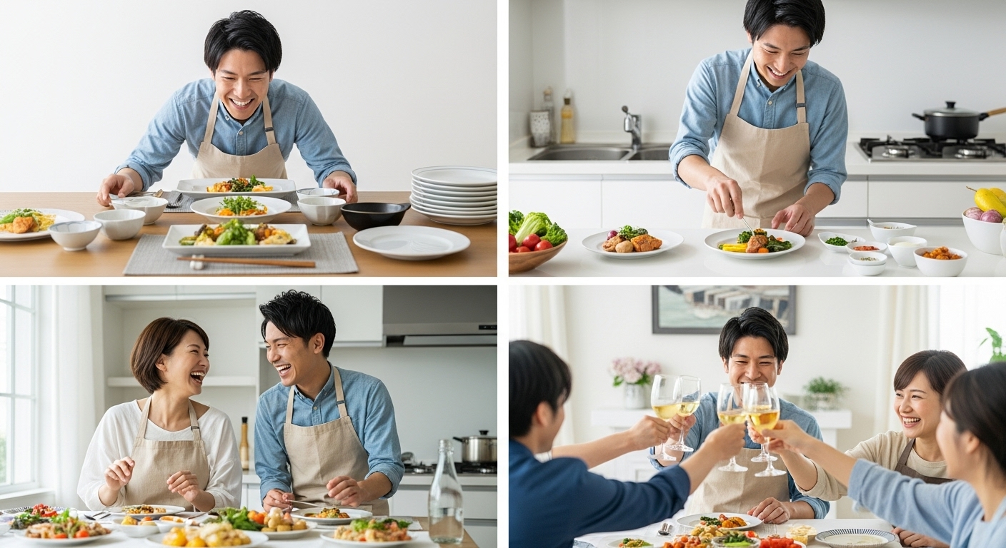 料理を楽しむ男性とパートナー
