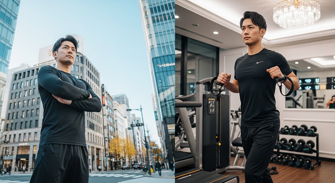 銀座の街並みを背景にした男性トレーニングシーン