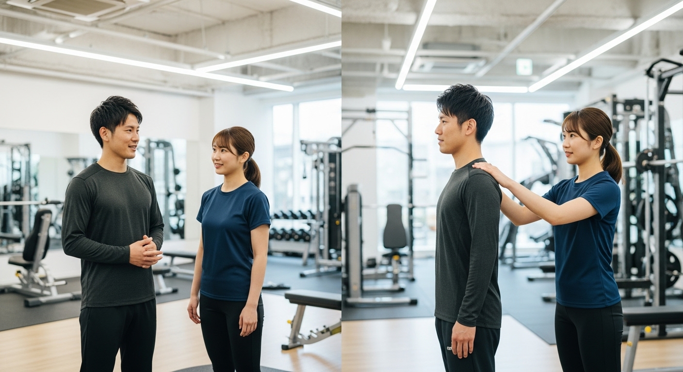 女性トレーナーと姿勢矯正する男性