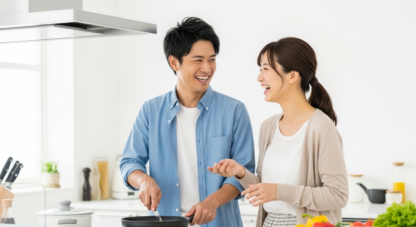料理を一緒に楽しむ男女の様子