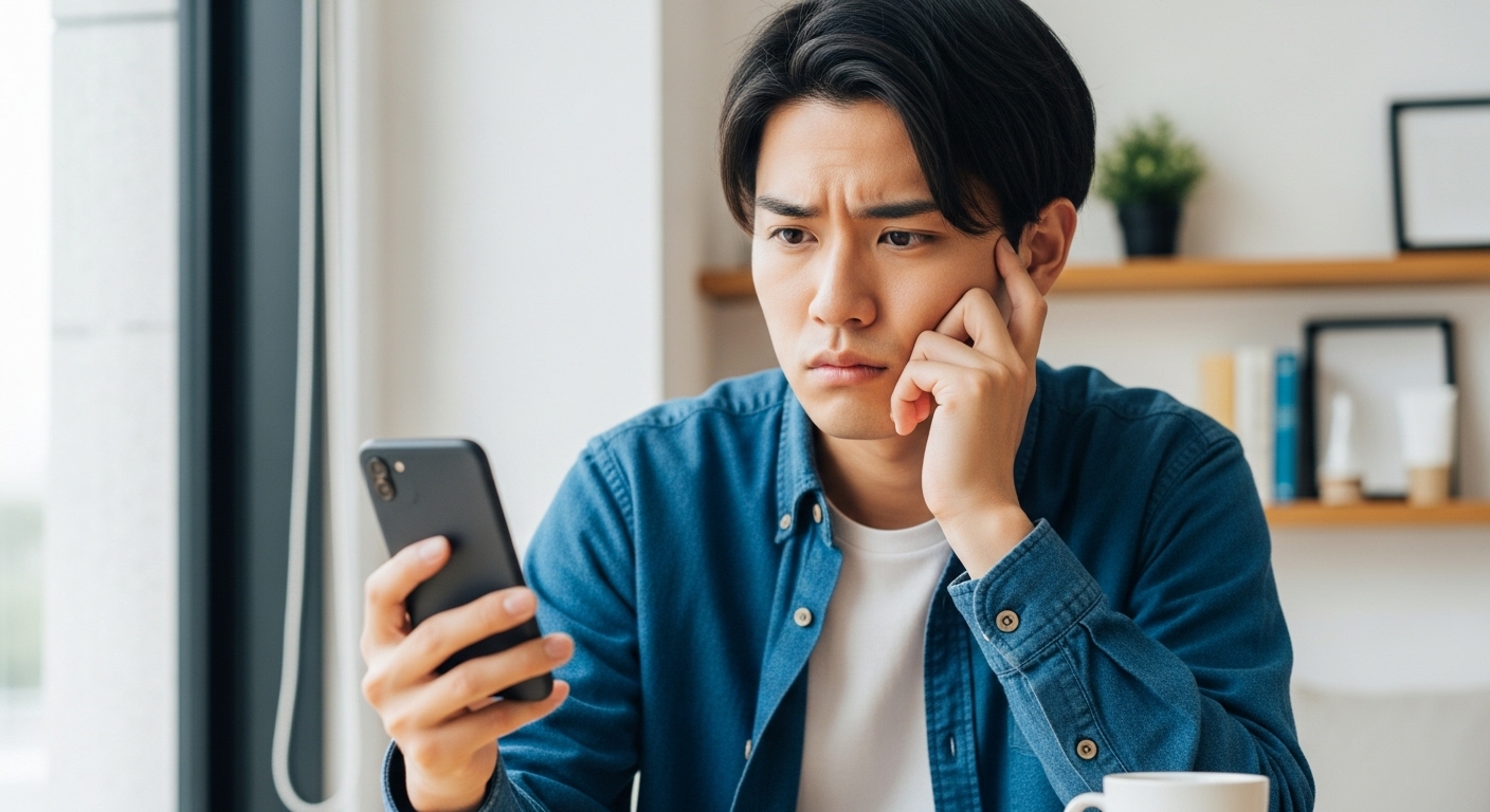 スマホを見ながら悩む男性