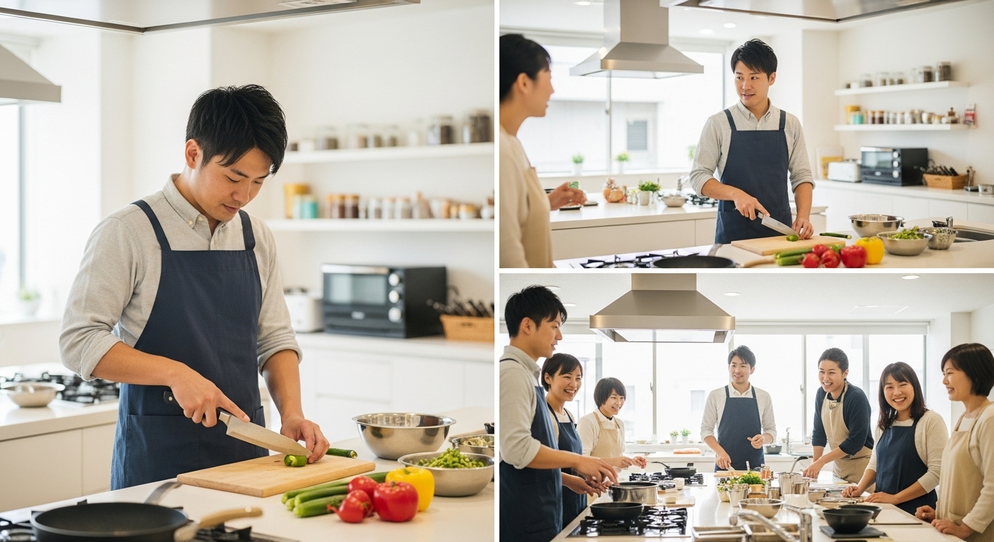 料理教室で料理を習う男性